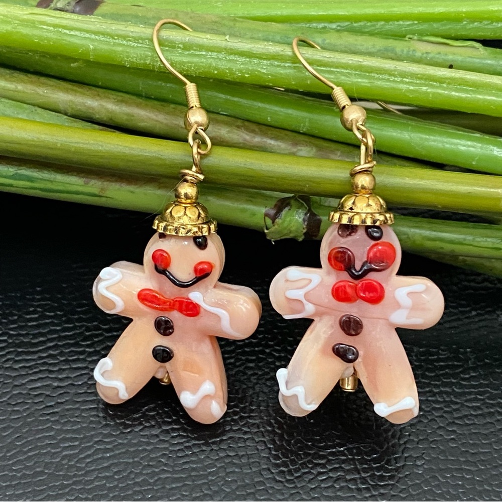Handmade Lampwork Bead Gingerbread Christmas Earrings